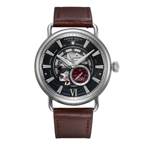 ARIES GOLD AUTOMATIC ROCKY LIMITED EDITION INVINCIBLE SILVER STAINLESS STEEL G 9013 S-BK LEATHER STRAP MEN'S WATCH